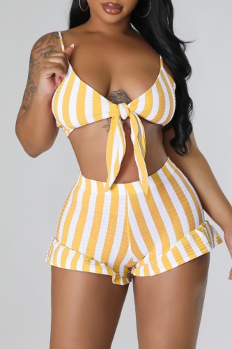 Jaune Sexy Casual Striped Print Backless Spaghetti Strap Sans Manches Deux Pièces