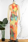 Цветной сексуальный принт в стиле пэчворк с круглым вырезом, юбка в один шаг, платья