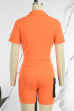 Oranje Casual Effen Patchwork Contrast Overhemdkraag Korte mouw Tweedelig