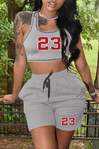 Grey Casual Sportswear Print Basic U Neck Sleeveless Two Pieces