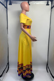 Желтое повседневное платье с коротким рукавом и круглым вырезом в стиле пэчворк с принтом Платья