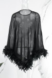 Black Sexy Solid Patchwork See-through Feathers Asymmetrical O Neck Irregular Dress Dresses