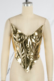 Gold Sexy Solid Patchwork Asymmetrical Strapless Tops