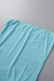 Blå Sexig Solid Patchwork Applikationer Asymmetrisk Strapless Mesh Klänning Klänningar