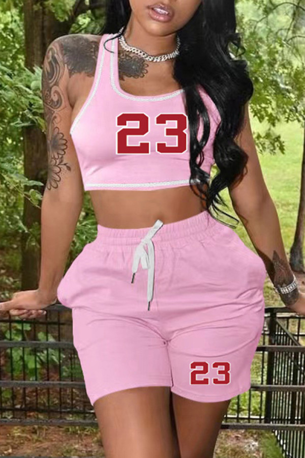 Abbigliamento sportivo casual rosa con stampa semplice scollo a U senza maniche in due pezzi
