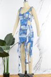 ブルーのセクシーなプリント包帯バックレス非対称スパゲッティ ストラップ イレギュラー ドレス ドレス