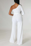 White Casual Solid Bandage Patchwork Feathers Asymmetrical Collar Regular Jumpsuits
