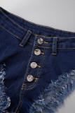 Tiefblaue, einfarbige Patchwork-Jeansshorts mit hoher Taille