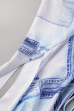 ブルーのセクシーなプリント包帯バックレス非対称スパゲッティ ストラップ イレギュラー ドレス ドレス