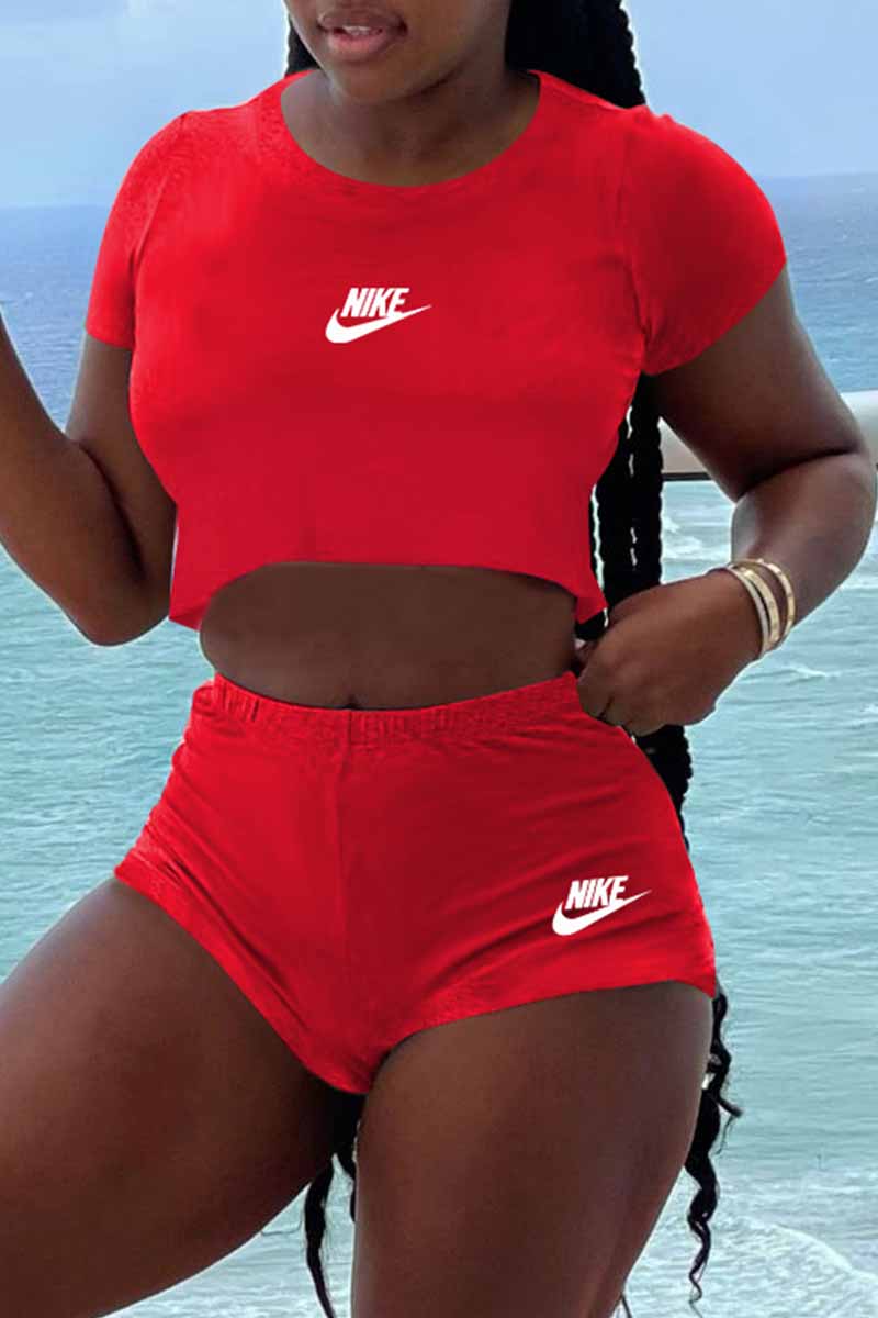 

Red Casual Print Letter O Neck Short Sleeve Three Pieces