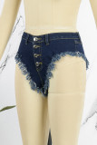 Tiefblaue, einfarbige Patchwork-Jeansshorts mit hoher Taille