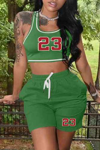 Green Casual Sportswear Print Basic U Neck Sleeveless Two Pieces