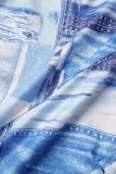 Bandagem Azul Sexy Estampada Sem Costas Assimétrica Alça Espaguete Vestidos Vestidos Irregulares