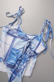 Blauwe sexy print bandage backless asymmetrische spaghetti band onregelmatige jurk jurken