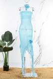 Blaue sexy feste Patchwork-Applikationen asymmetrische trägerlose Mesh-Kleider