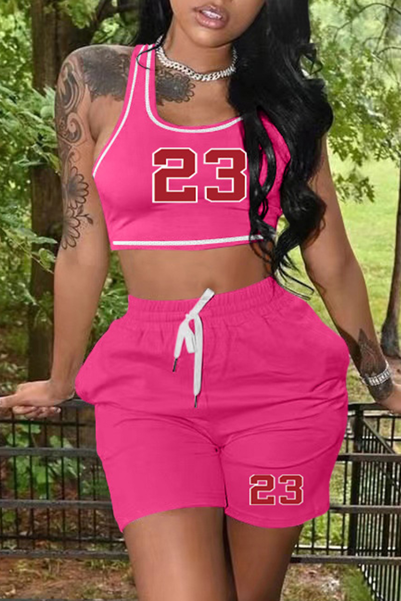 

Rose Red Casual Sportswear Print Basic U Neck Sleeveless Two Pieces