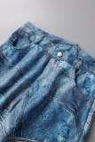 Cowboyblå Casual Street Print Patchwork O-hals Kortärmad Skinny Denim Jeans