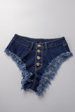 Pantalones cortos de mezclilla de cintura alta de patchwork sólido azul profundo de Street