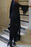 Черное сексуальное однотонное длинное платье в стиле пэчворк с уздечками и уздечками