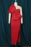 Red Sexy Formal Solid Patchwork Backless Slit With Bow Strapless Evening Dress Dresses