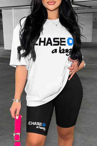 White Casual Letter Print Basic O Neck Short Sleeve Two Pieces