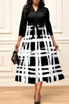 Zwarte casual print bandage patchwork turndown kraag A-lijn jurken