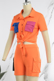 Oranje Casual Effen Patchwork Contrast Overhemdkraag Korte mouw Tweedelig