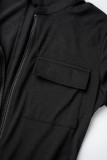 ブラックカジュアルソリッドパッチワークジッパーカラースキニージャンプスーツ