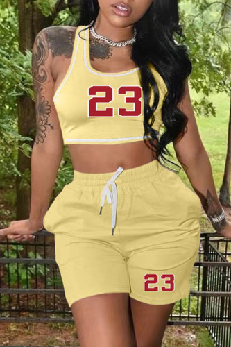 Light Yellow Casual Sportswear Print Basic U Neck Sleeveless Two Pieces