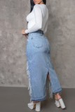 Faldas de mezclilla flacas de cintura alta asimétrica de patchwork rasgado sólido casual azul