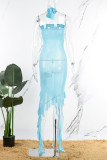 Blaue sexy feste Patchwork-Applikationen asymmetrische trägerlose Mesh-Kleider
