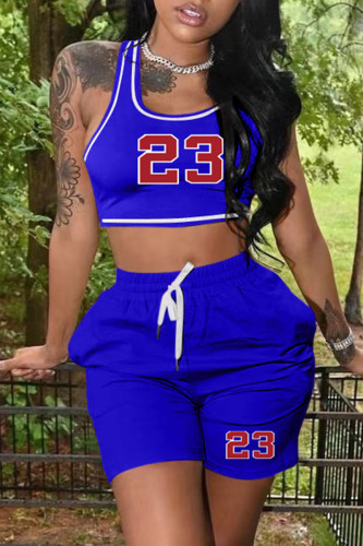Blue Casual Sportswear Print Basic U Neck Sleeveless Two Pieces