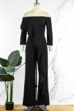 Black Casual Solid Patchwork Flounce Off the Shoulder Straight Jumpsuits