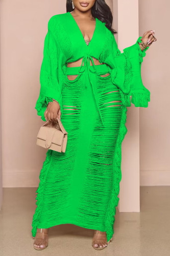 Green Sexy Solid Hollowed Out Patchwork Draw String Frenulum V Neck Long Sleeve Tassel Two Pieces Crop Tops And Skirt Sets