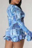 Macacão skinny com estampa de rua azul patchwork babado com decote em V