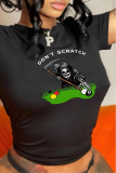Черные повседневные винтажные футболки с принтом в виде черепа в стиле пэчворк с буквенным вырезом и круглым вырезом