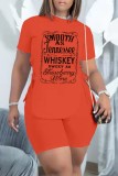 Red Casual Letter Print Frenulum O Neck Short Sleeve Two Pieces