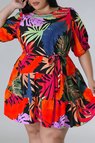 Red Casual Print Bandage Patchwork O Neck A Line Plus Size Dresses