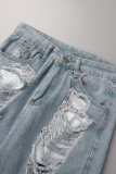 Calça Jeans Jeans Sky Blue Street Sólido Rasgado Make Old Patchwork Cintura Alta