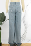 Sky Blue Street Solid strappato crea vecchi jeans in denim a vita alta patchwork