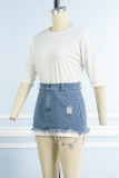 White Casual Street Solid Ripped Patchwork Without Belt O Neck Short Sleeve Two Pieces(Without Belt)