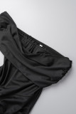 Schwarzes, sexy, elegantes, solides Patchwork-Schlitz, asymmetrisches, schulterfreies Abendkleid