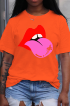 T-shirt con scollo O Patchwork stampate con labbra casual arancioni