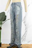 Sky Blue Street Solid Make Old Patchwork High Waist Distressed Ripped Denim Jeans