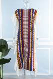 Коричневые повседневные прямые платья с оборками и принтом в стиле пэчворк с разрезом и круглым вырезом