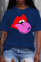 Azul marino Casual Street Lips Impreso Patchwork O Cuello Camisetas