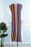 Bruine casual print patchwork ruche split O-hals rechte jurken