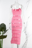 Розово-красное сексуальное повседневное однотонное прозрачное платье без рукавов с открытой спиной на бретельках и рукавах