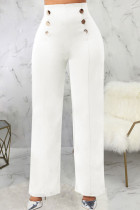 Pantalones de color sólido rectos de cintura alta rectos de trabajo informal blanco