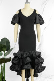 ブラック セクシー フォーマル ソリッド パッチワーク V ネック イブニング ドレス ドレス